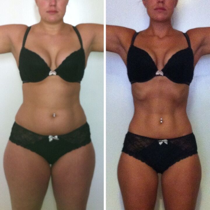 El resultado de una niña que pierde peso en una semana con la ayuda de la dieta y el ejercicio. 
